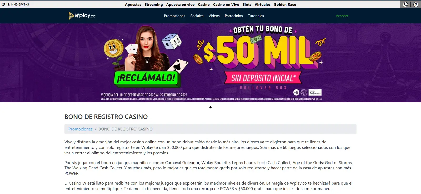 Promoción oficial de casino de Wplay con sus términos visibles