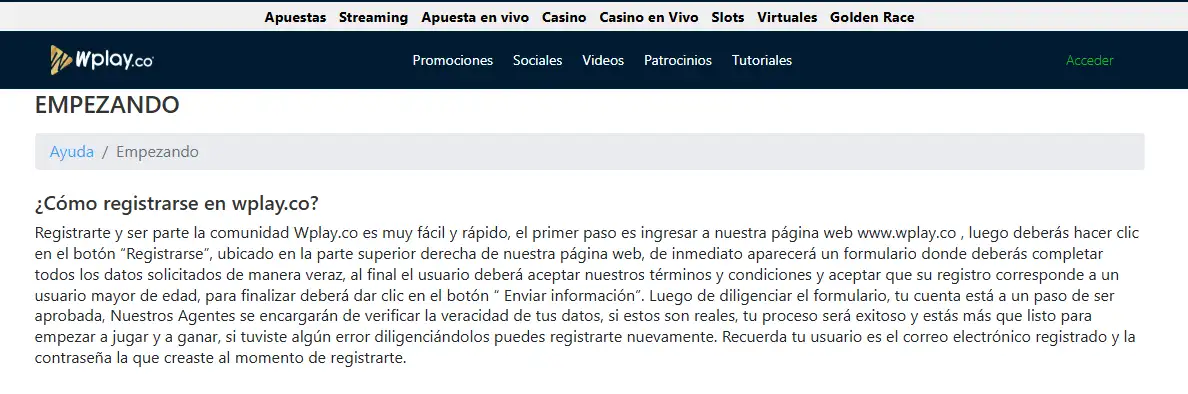 Pantalla oficial de registro o validación de cuenta de Wplay