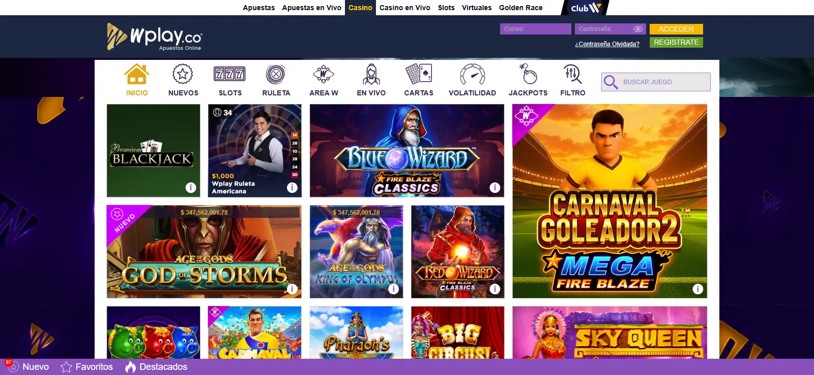 Lobby de Wplay con categorías actuales de juegos de casino