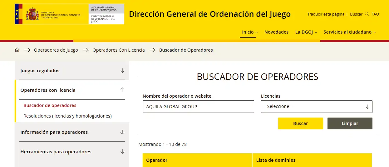 Buscador oficial de operadores con licencia de la DGOJ usado para comprobar Wplay