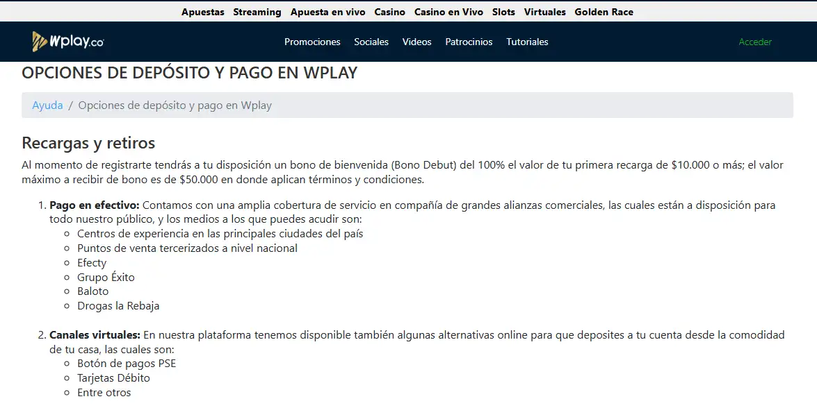 Cajero oficial de Wplay con los métodos de depósito actualmente visibles