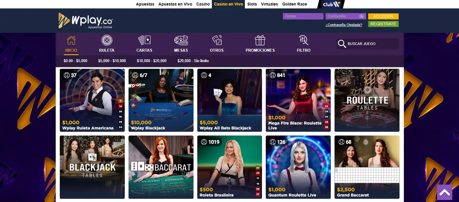 Sección oficial de casino en vivo de Wplay