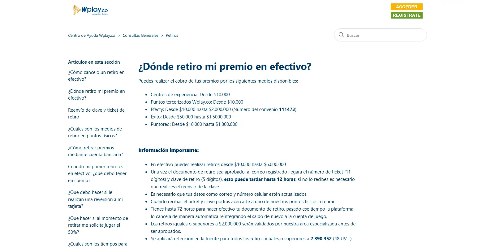 Ayuda oficial de Wplay sobre retiros y cobro de premios