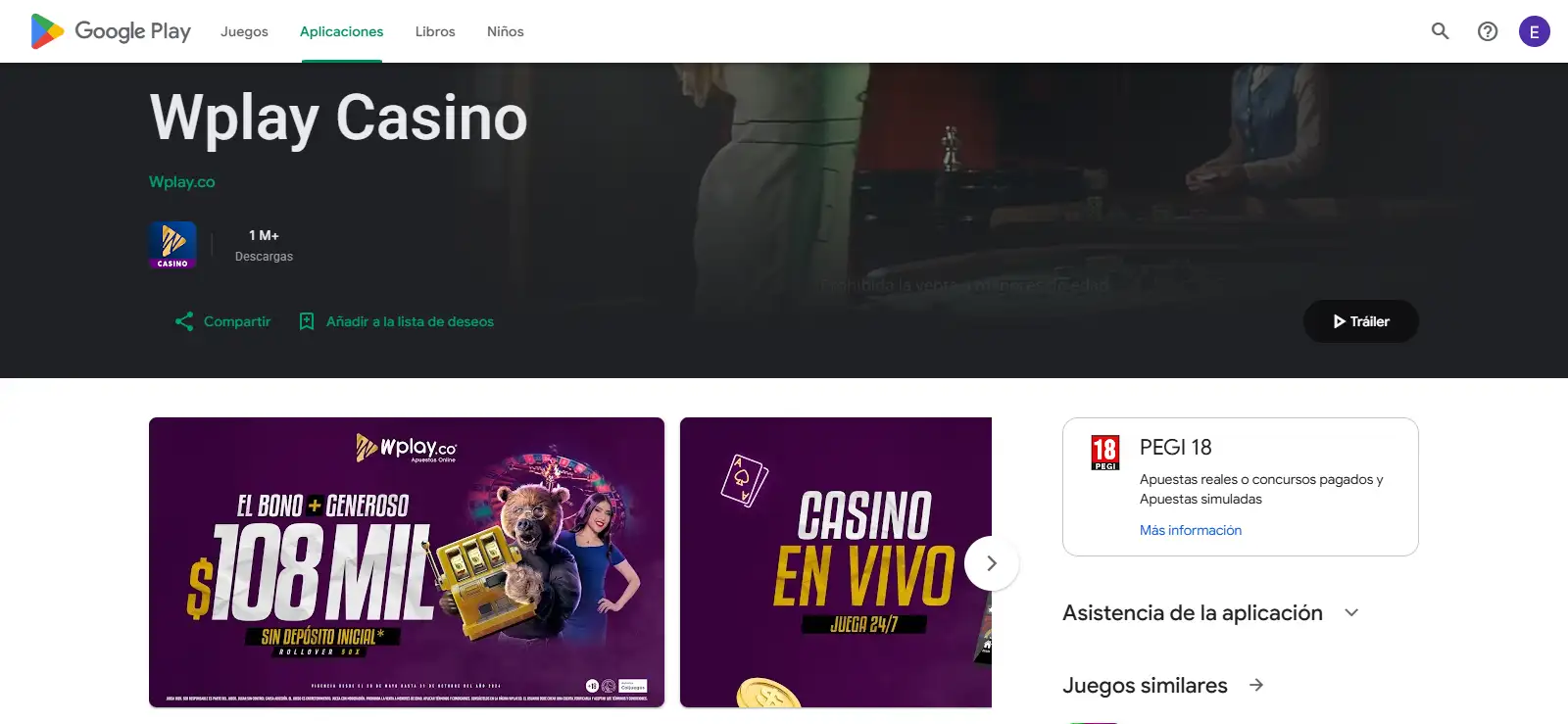 Ficha oficial vigente de Wplay Casino en Google Play