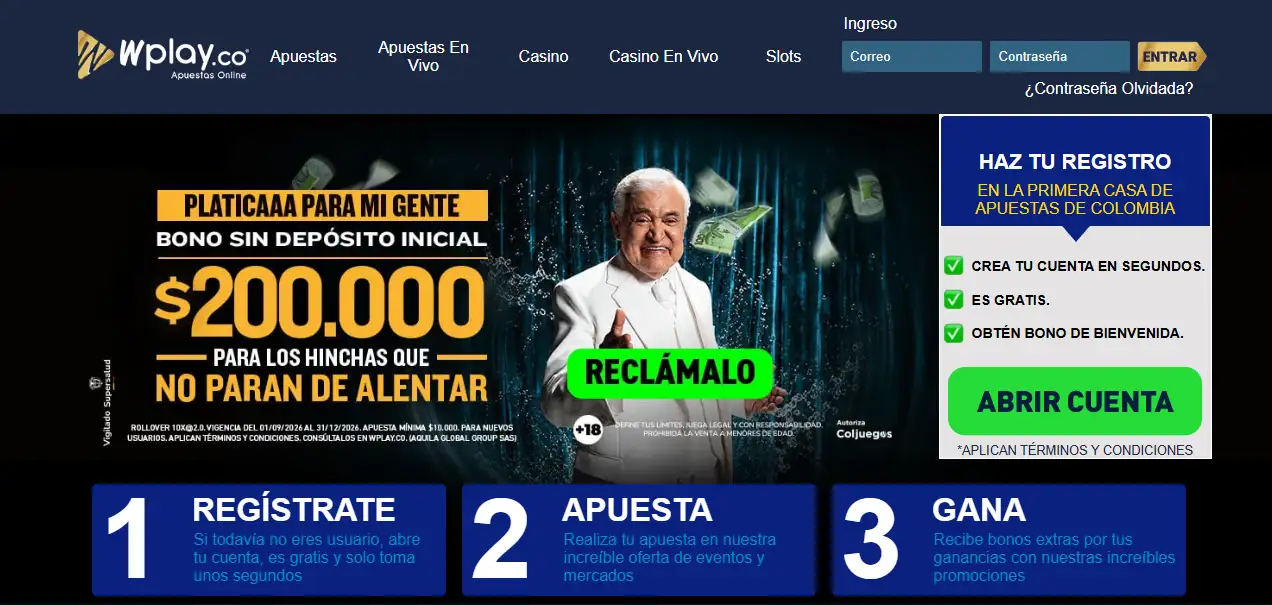 Navegación de casino de Wplay con categorías de juego visibles