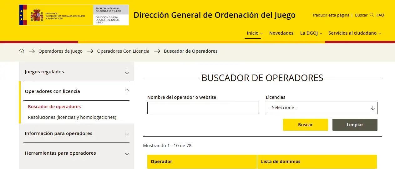 Registro oficial de operadores de la DGOJ para comprobar la situación regulatoria en España